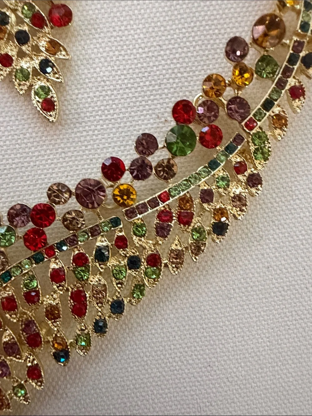 Gold Multicolor Crystal Bib Necklace and Drop Earring Set